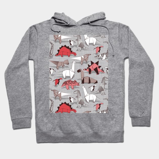 Origami dino friends // pattern // grey linen texture background red white and beige dinosaurs Hoodie by SelmaCardoso